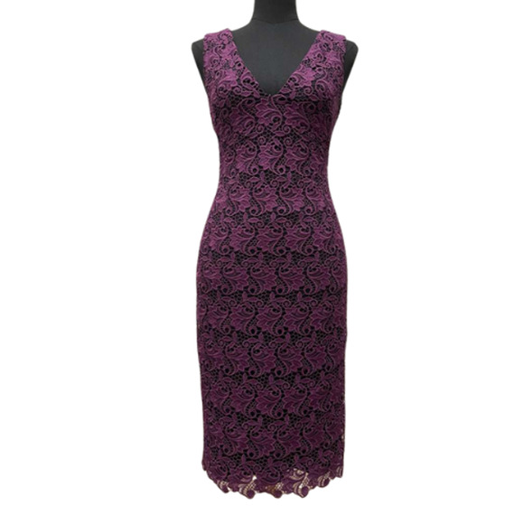 Alice + Olivia Plum Purple Lace V-Neck Sleeveless Sheath Dress 0 New With Tags - Picture 7 of 14